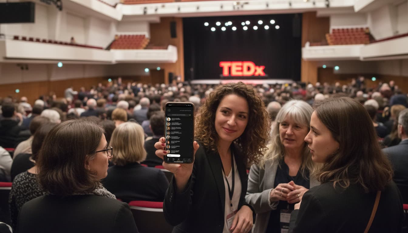 An attendee shows another attendee's profile on her phone, in the middle of a conference audience