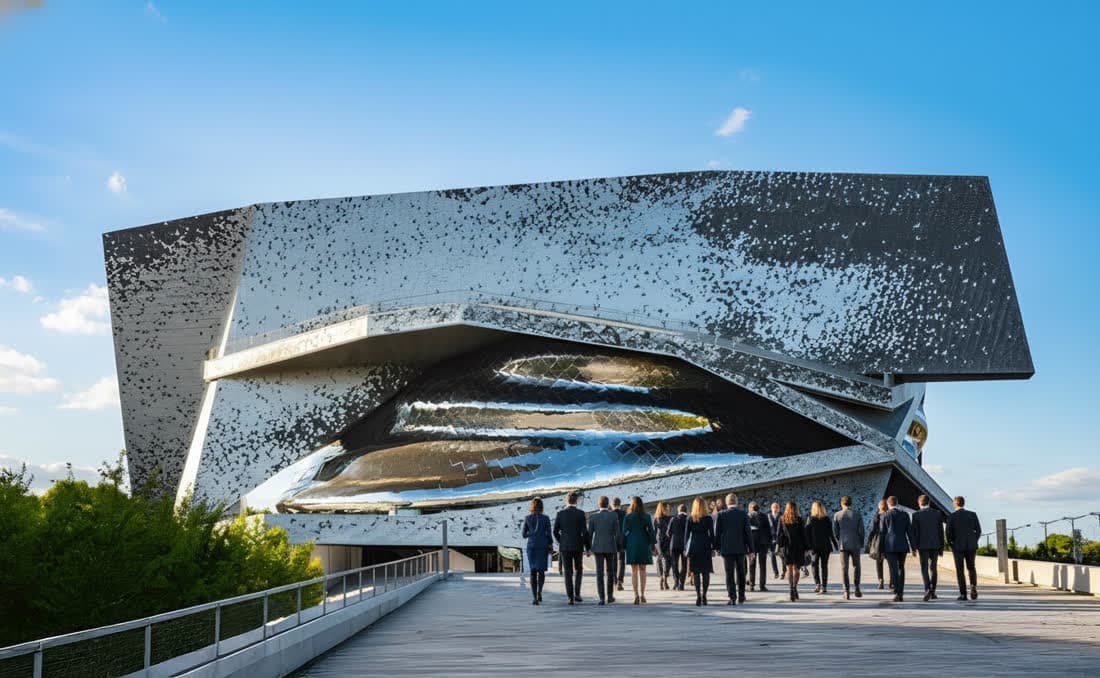 A group of attendees walks towards the entrance of a large contemporary cultural venue