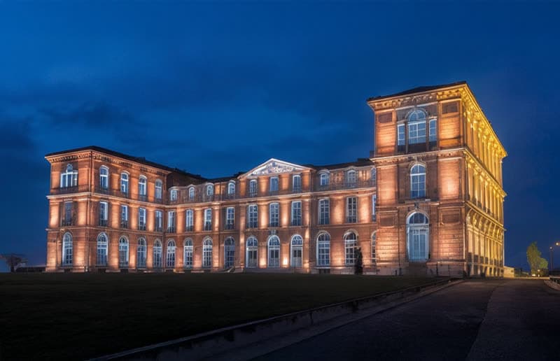 A reception palace lit up at nightfall, ready to host an event