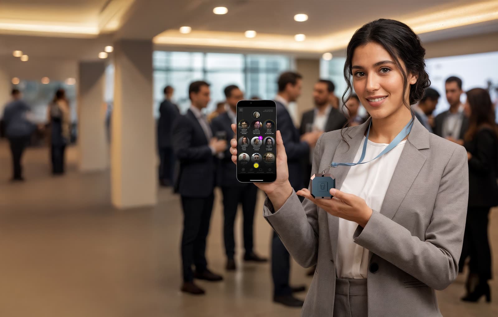 An attendee holds her phone and her connected badge in the welcome lobby of a corporate event